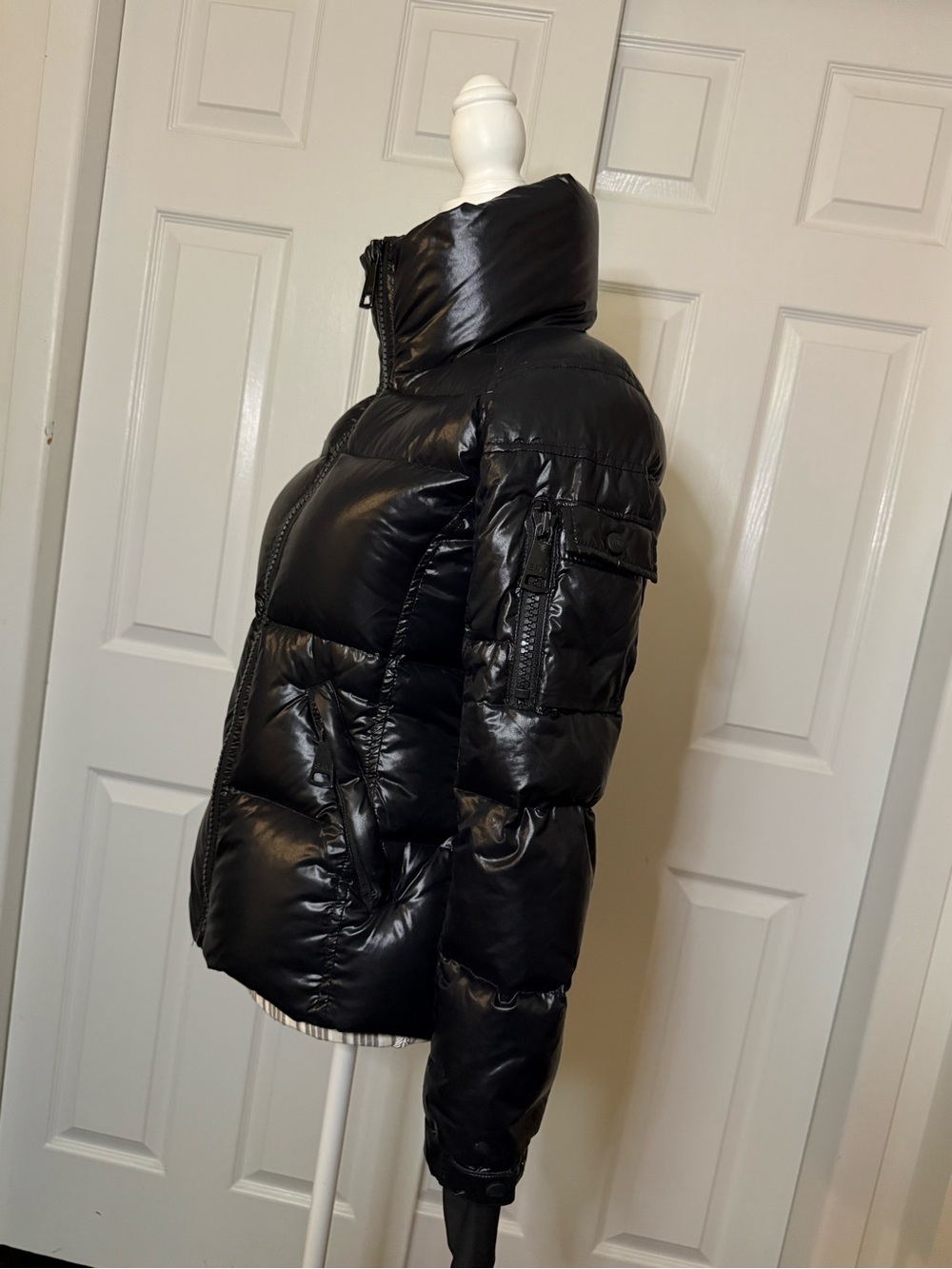 SAM. New York Black Glossy Goose Down Puffer Jacket XS Thumbhole Cuffs - Picture 6 of 14